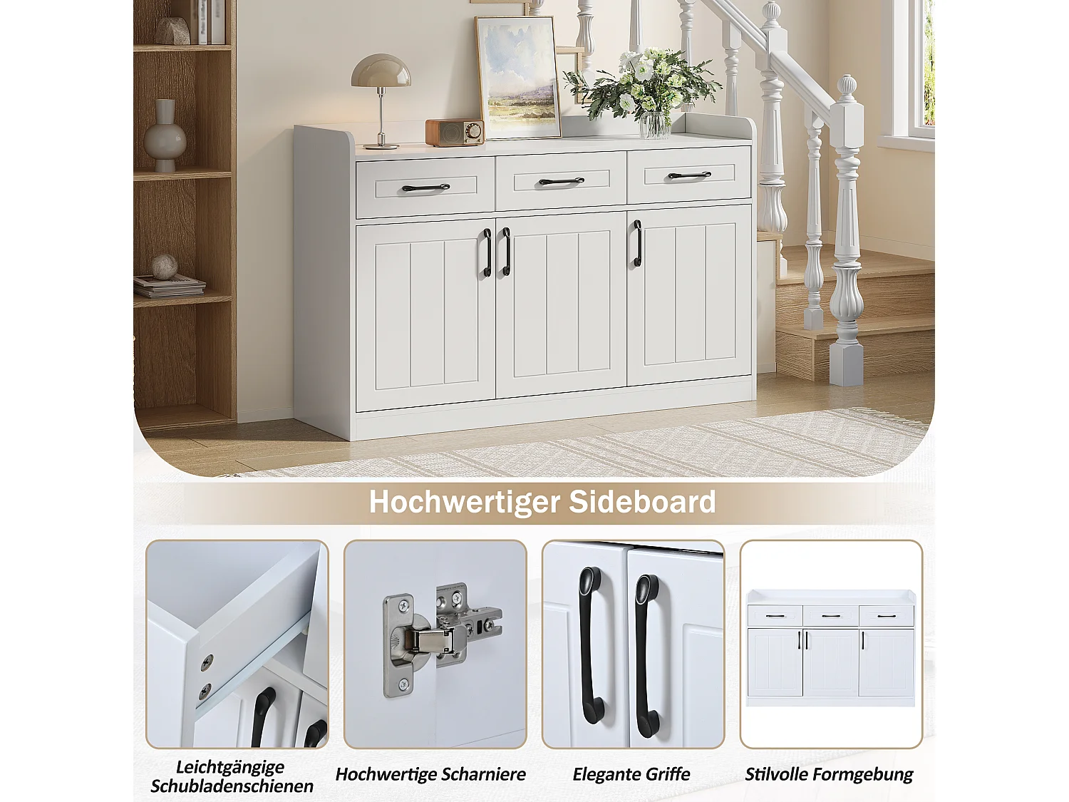 Buffet 120x35x80 cm - 3 tiroirs, 3 portes - Poignées et étagères réglables - Panneaux de particules - Blanc