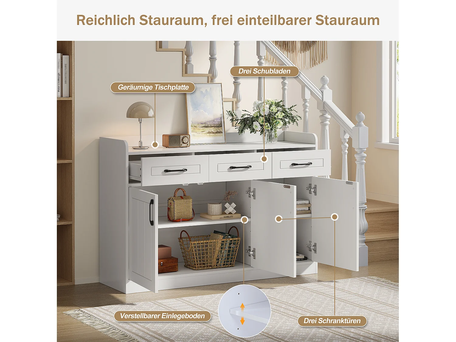 Buffet 120x35x80 cm - 3 tiroirs, 3 portes - Poignées et étagères réglables - Panneaux de particules - Blanc