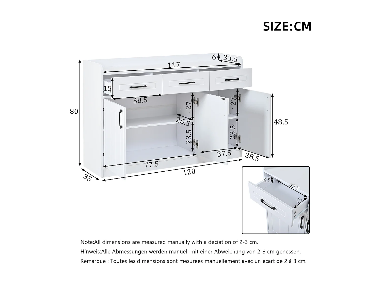 Buffet 120x35x80 cm - 3 tiroirs, 3 portes - Poignées et étagères réglables - Panneaux de particules - Blanc