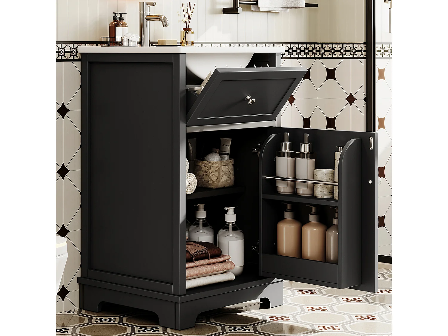 Meuble vasque de salle de bain - 51 x 46 x 87 cm - finition laquée - avec tiroir + porte de rangement + vasque - MDF - noir