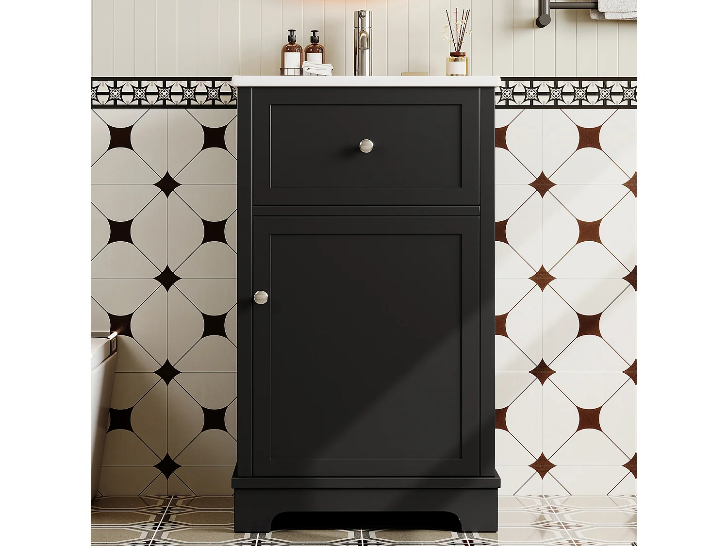 Meuble vasque de salle de bain - 51 x 46 x 87 cm - finition laquée - avec tiroir + porte de rangement + vasque - MDF - noir