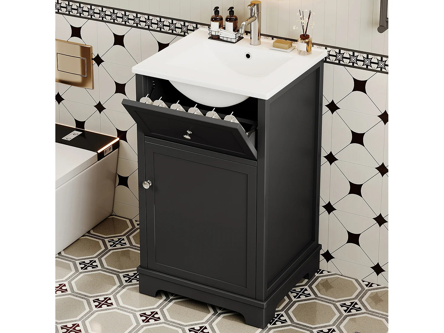 Meuble vasque de salle de bain - 51 x 46 x 87 cm - finition laquée - avec tiroir + porte de rangement + vasque - MDF - noir