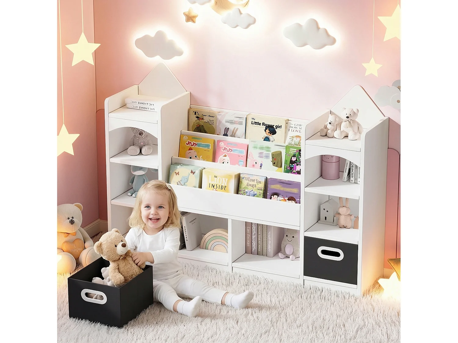 Kinder-Bücherregal / -Regal -130x30x90 cm - Mit 2 faltbaren Aufbewahrungskisten - Schloss-Muster - MDF - Weiß