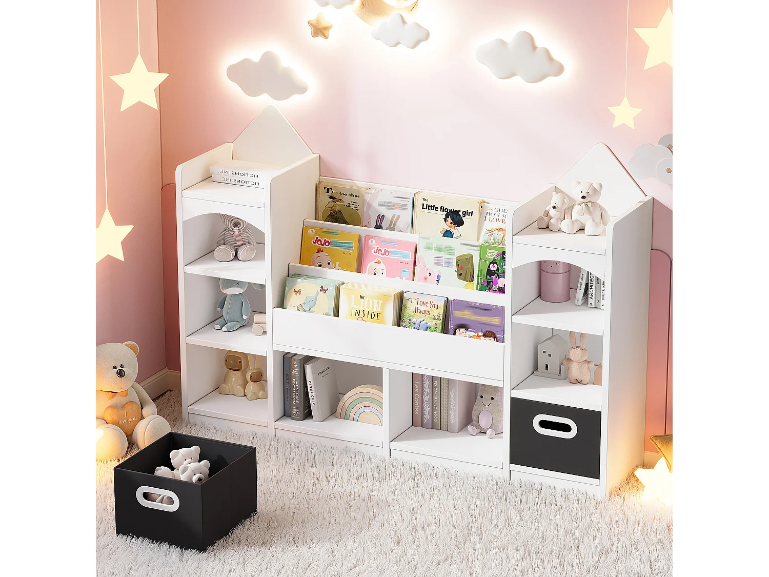 Kinder-Bücherregal / -Regal -130x30x90 cm - Mit 2 faltbaren Aufbewahrungskisten - Schloss-Muster - MDF - Weiß