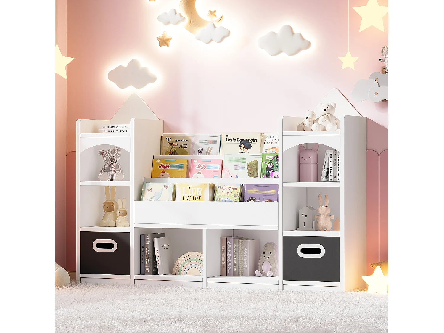 Kinder-Bücherregal / -Regal -130x30x90 cm - Mit 2 faltbaren Aufbewahrungskisten - Schloss-Muster - MDF - Weiß