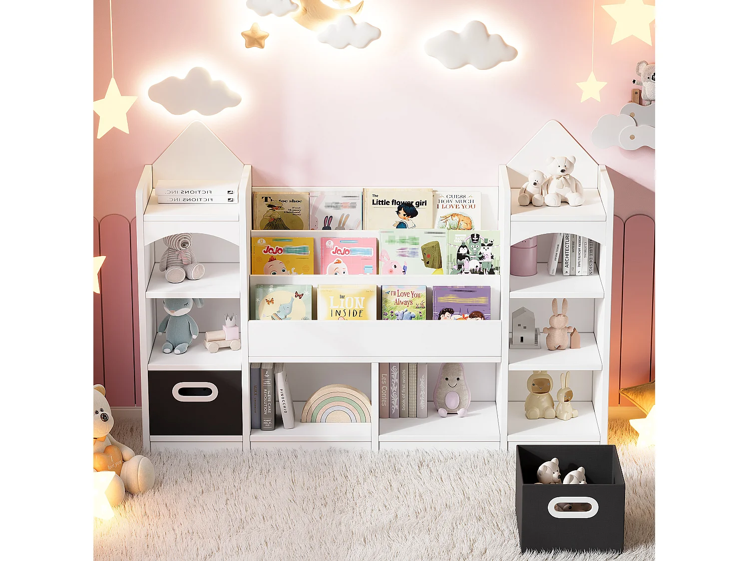 Kinder-Bücherregal / -Regal -130x30x90 cm - Mit 2 faltbaren Aufbewahrungskisten - Schloss-Muster - MDF - Weiß