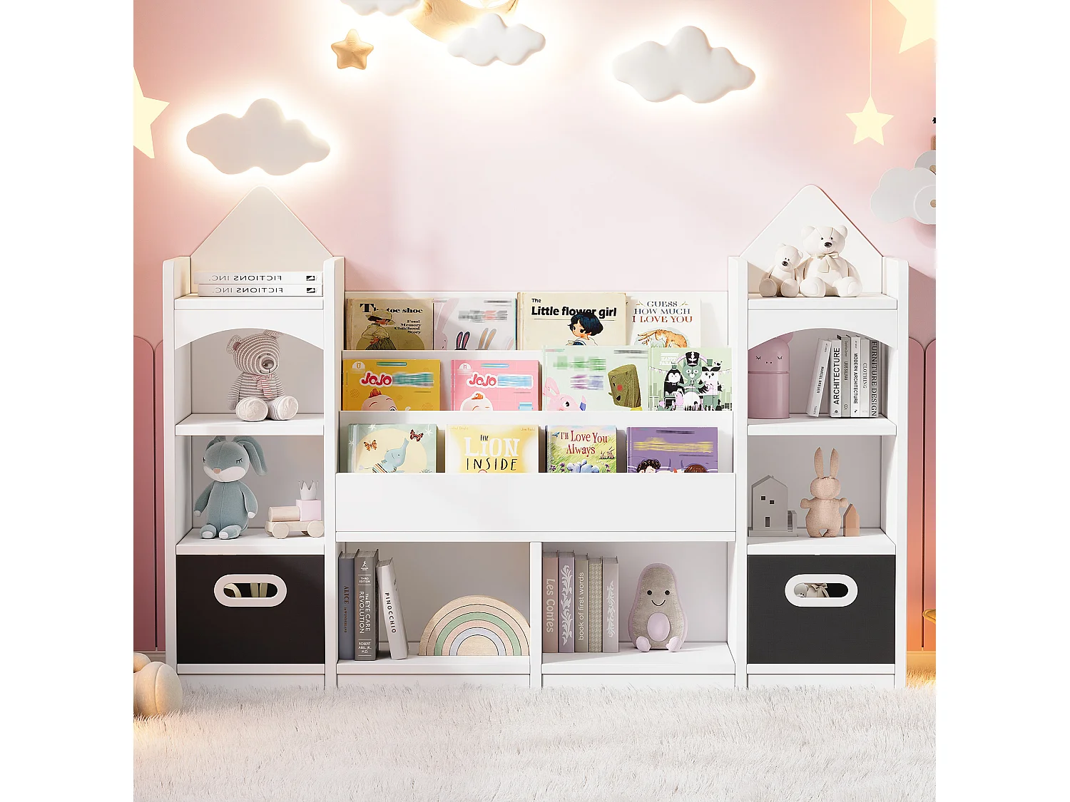 Kinder-Bücherregal / -Regal -130x30x90 cm - Mit 2 faltbaren Aufbewahrungskisten - Schloss-Muster - MDF - Weiß