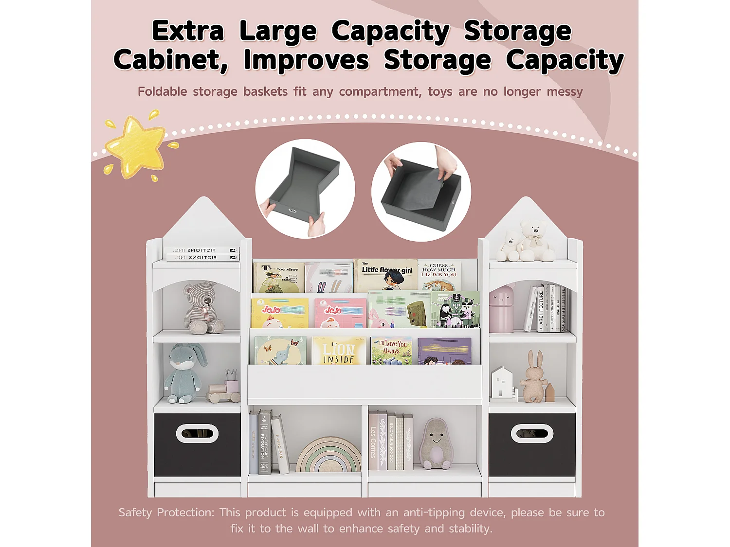 Kinder-Bücherregal / -Regal -130x30x90 cm - Mit 2 faltbaren Aufbewahrungskisten - Schloss-Muster - MDF - Weiß