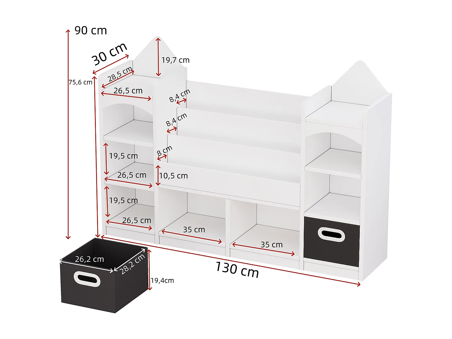 Kinder-Bücherregal / -Regal -130x30x90 cm - Mit 2 faltbaren Aufbewahrungskisten - Schloss-Muster - MDF - Weiß