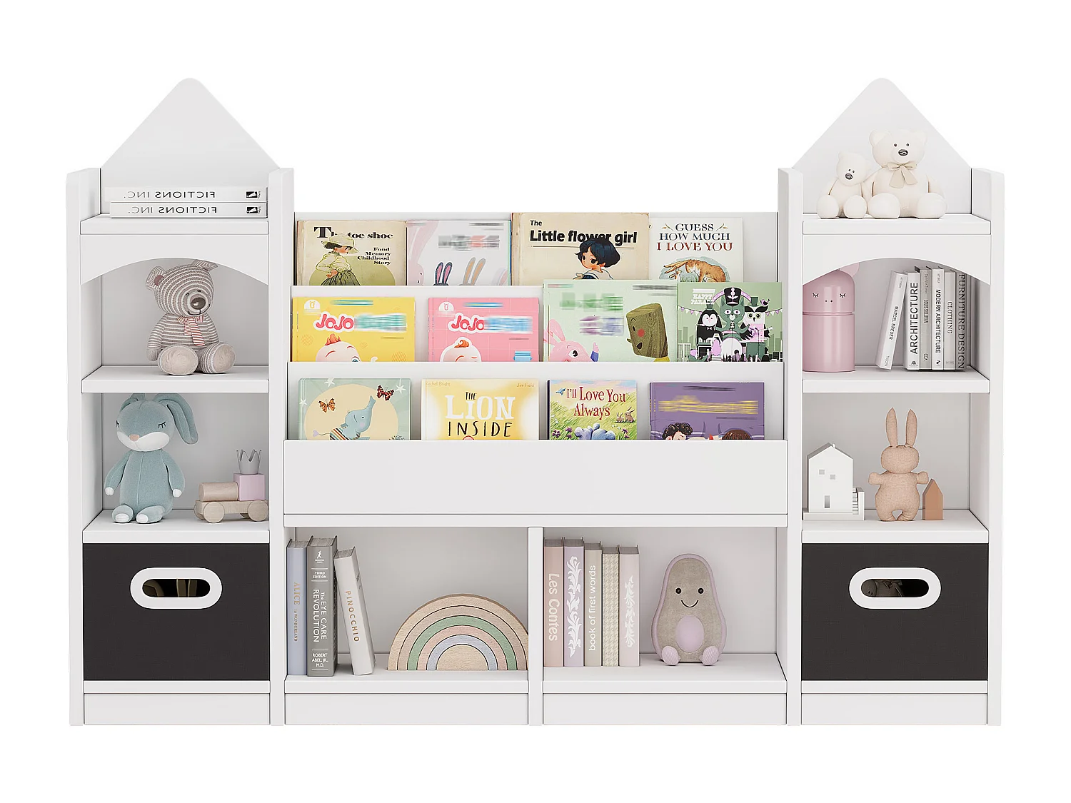 Kinder-Bücherregal / -Regal -130x30x90 cm - Mit 2 faltbaren Aufbewahrungskisten - Schloss-Muster - MDF - Weiß