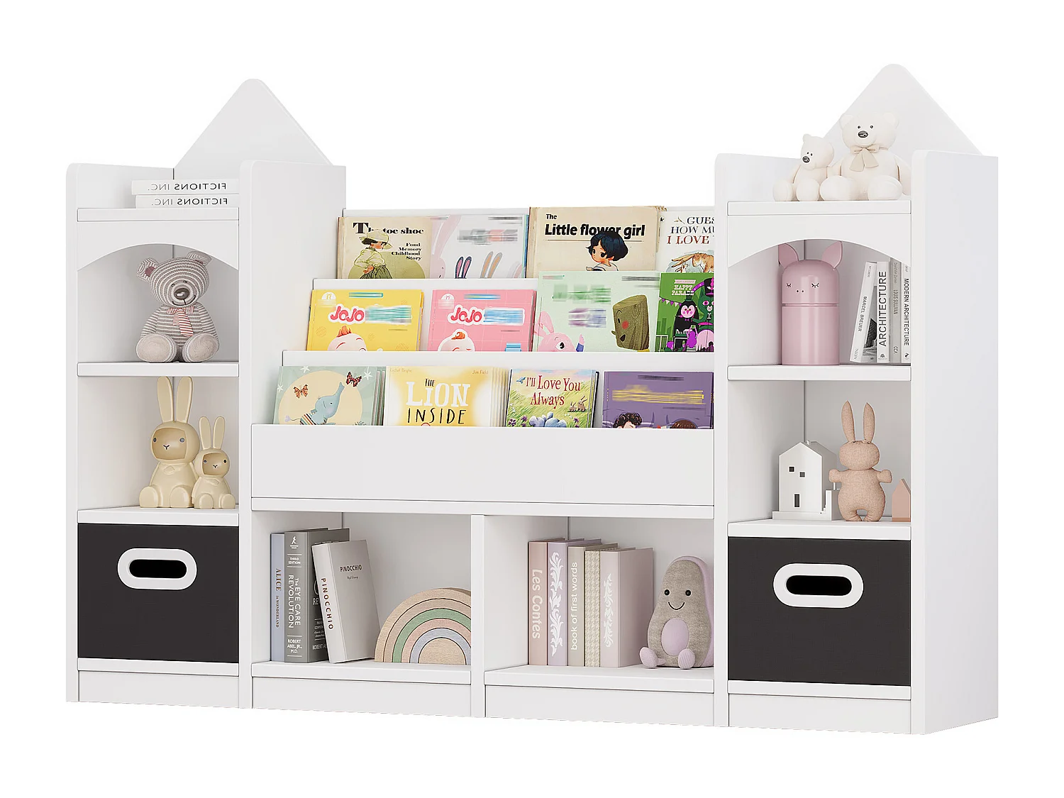 Kinder-Bücherregal / -Regal -130x30x90 cm - Mit 2 faltbaren Aufbewahrungskisten - Schloss-Muster - MDF - Weiß