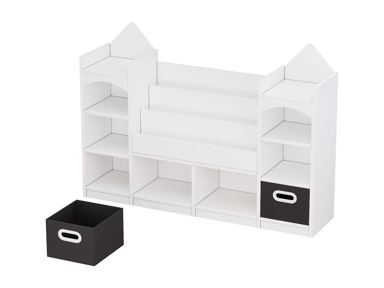 Kinder-Bücherregal / -Regal -130x30x90 cm - Mit 2 faltbaren Aufbewahrungskisten - Schloss-Muster - MDF - Weiß