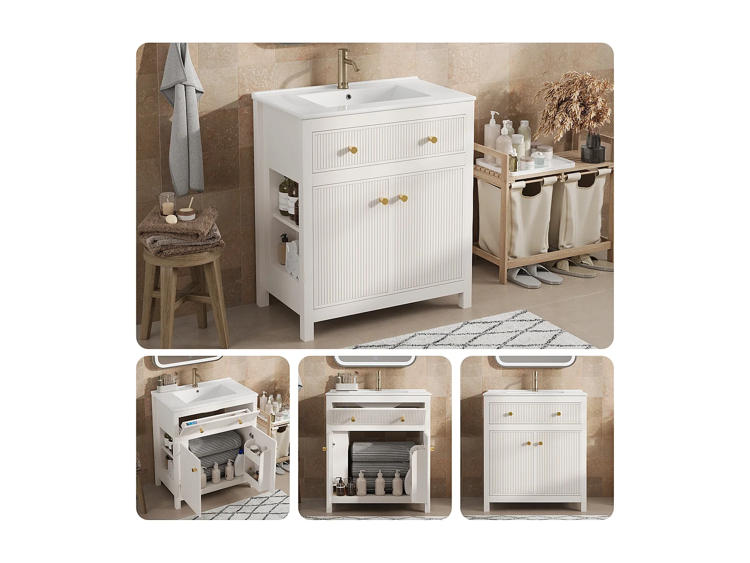 Szafka łazienkowa ceramiczna pod umywalkę - 81 x 46,5 x 86,5 cm - z szufladą + drzwiami + półką - MDF - biała