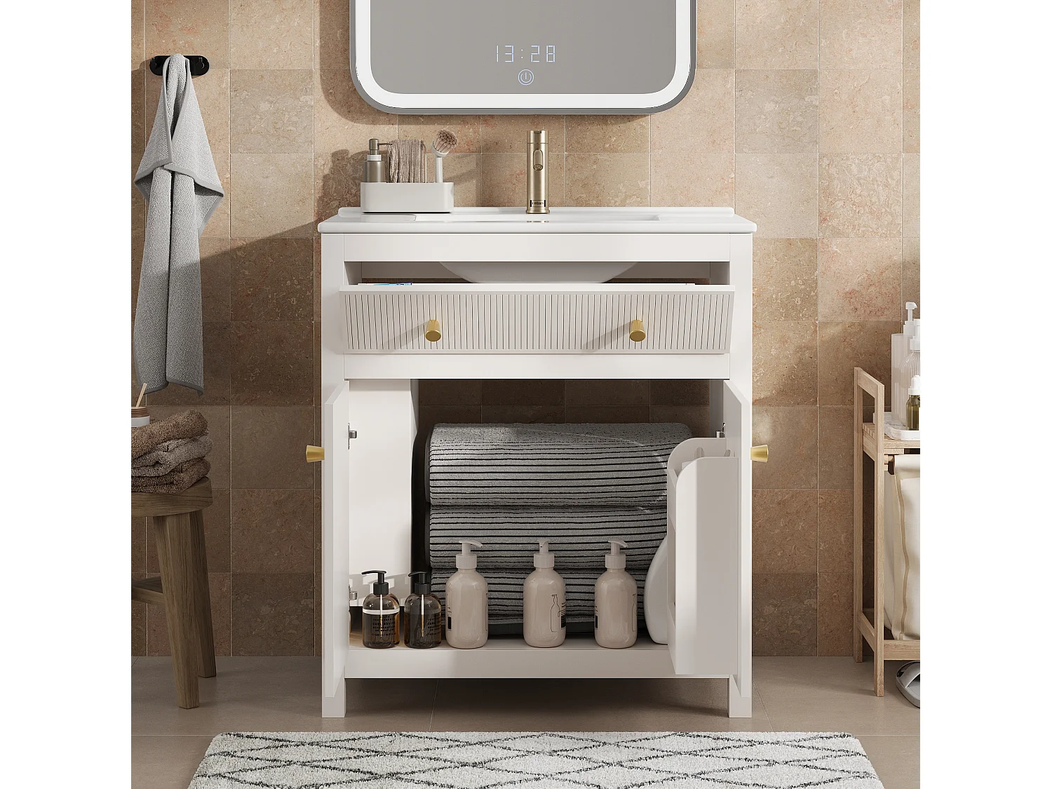 Szafka łazienkowa ceramiczna pod umywalkę - 81 x 46,5 x 86,5 cm - z szufladą + drzwiami + półką - MDF - biała