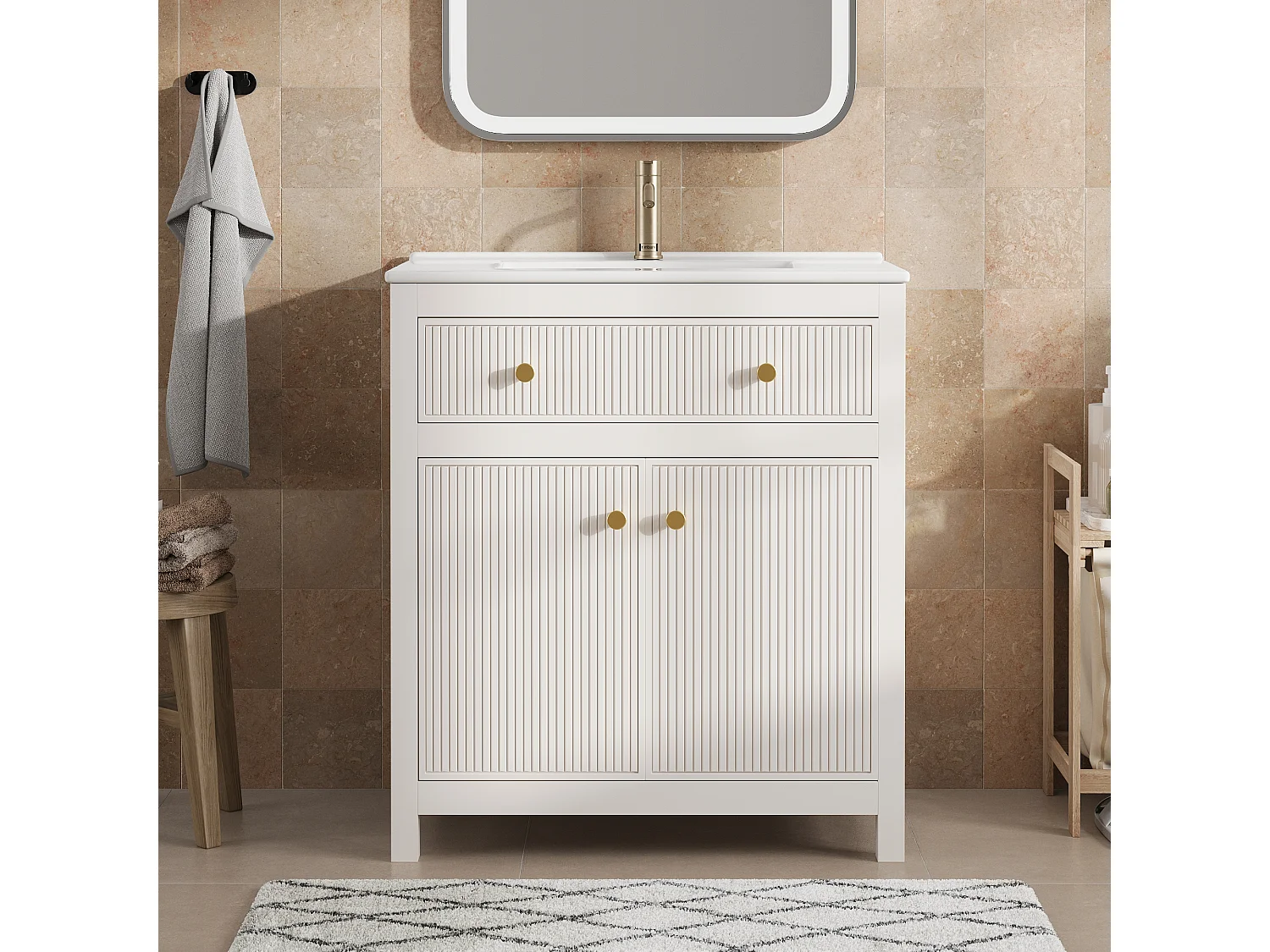 Szafka łazienkowa ceramiczna pod umywalkę - 81 x 46,5 x 86,5 cm - z szufladą + drzwiami + półką - MDF - biała