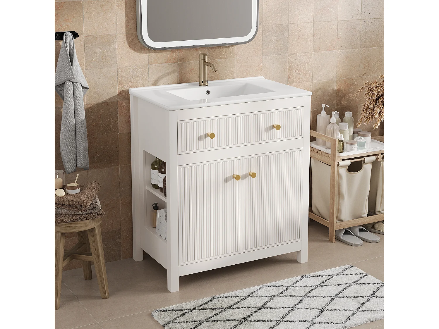 Szafka łazienkowa ceramiczna pod umywalkę - 81 x 46,5 x 86,5 cm - z szufladą + drzwiami + półką - MDF - biała