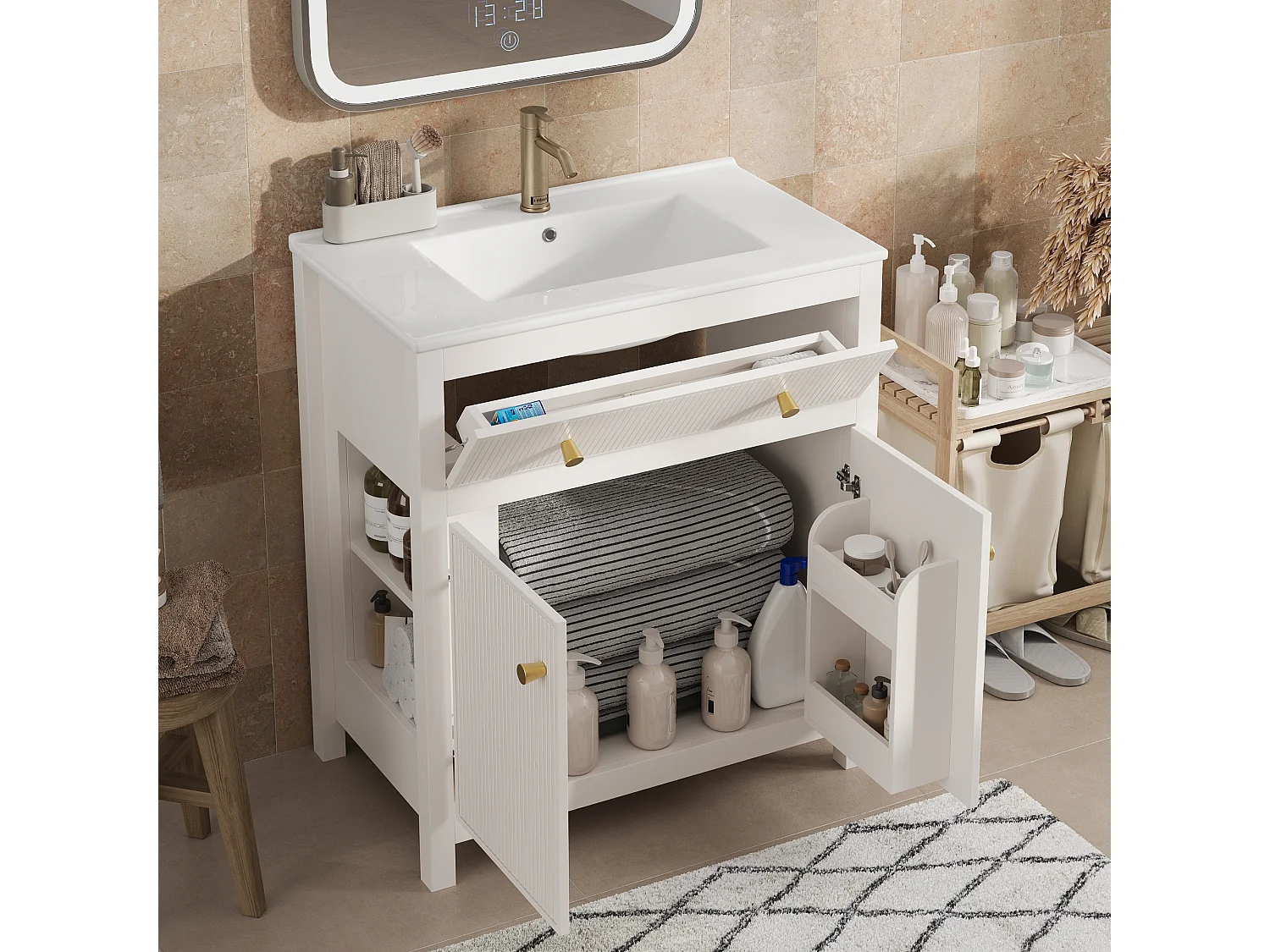 Szafka łazienkowa ceramiczna pod umywalkę - 81 x 46,5 x 86,5 cm - z szufladą + drzwiami + półką - MDF - biała