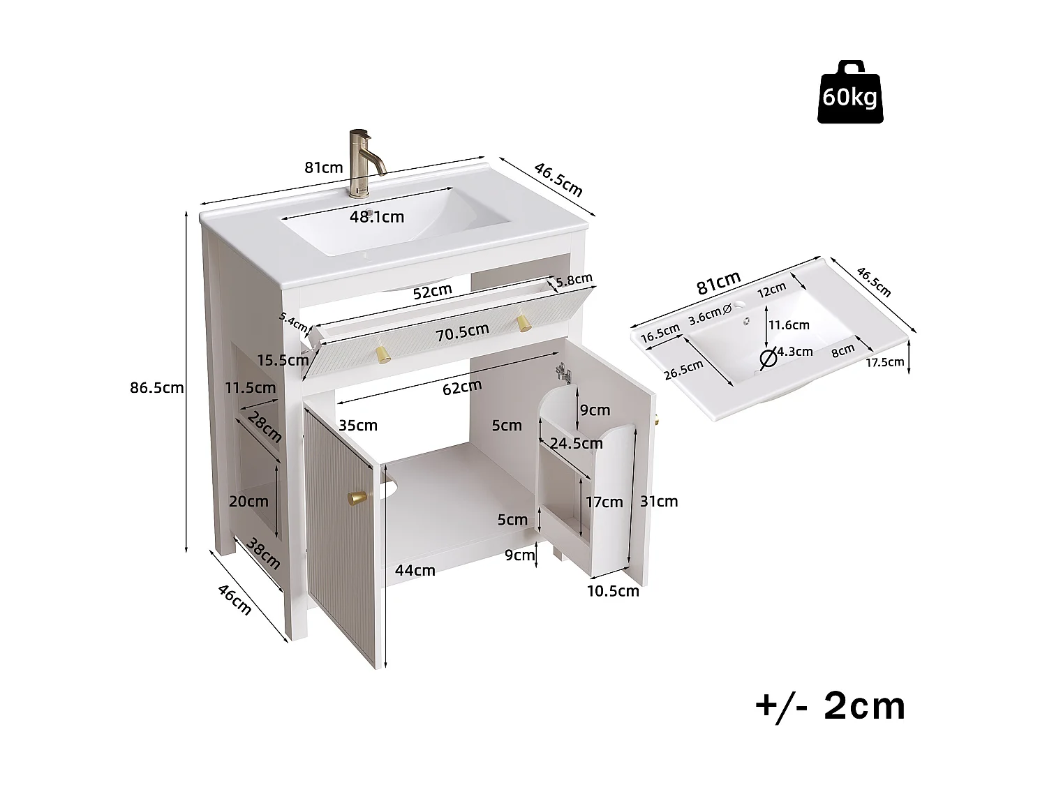 Szafka łazienkowa ceramiczna pod umywalkę - 81 x 46,5 x 86,5 cm - z szufladą + drzwiami + półką - MDF - biała
