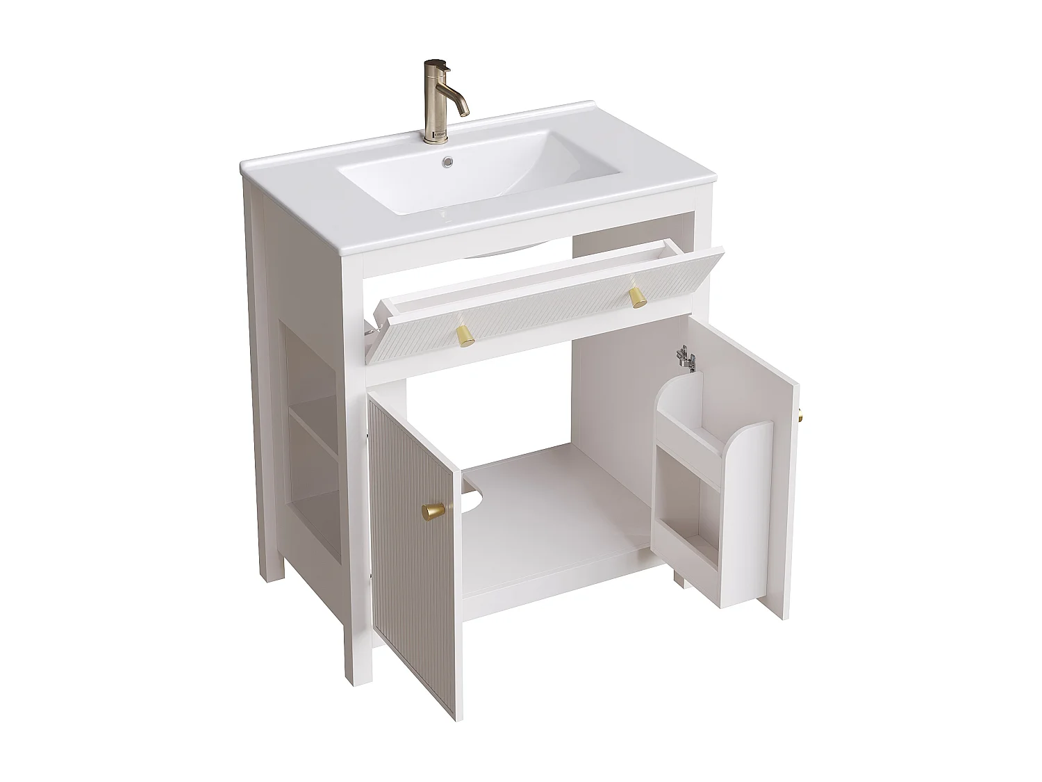 Szafka łazienkowa ceramiczna pod umywalkę - 81 x 46,5 x 86,5 cm - z szufladą + drzwiami + półką - MDF - biała