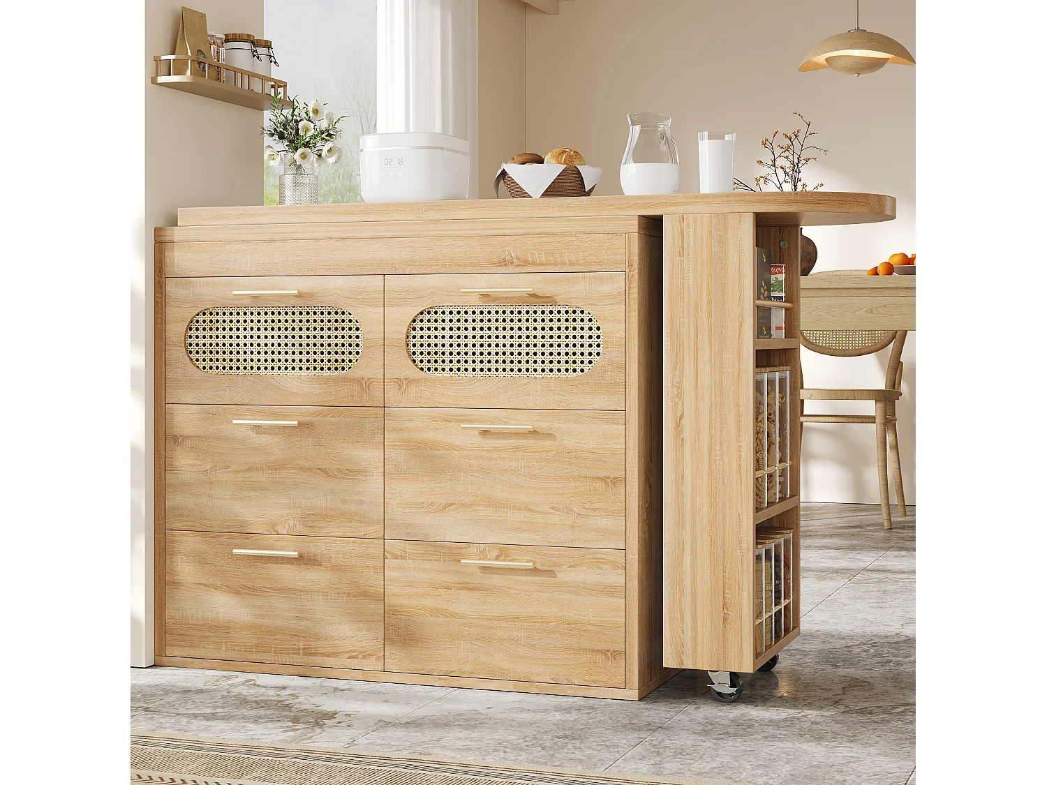 Ausziehbarer Bar-Schrank - drehbar - 128-203x39x90cm - mit 6 Schubladen - großer Stauraum und Metallgriffe - Natur