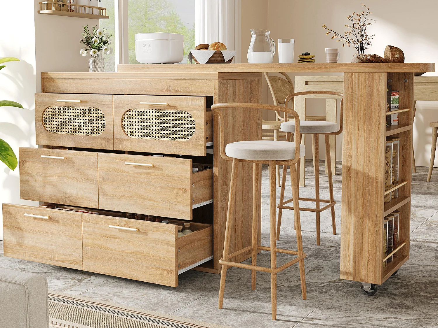 Ausziehbarer Bar-Schrank - drehbar - 128-203x39x90cm - mit 6 Schubladen - großer Stauraum und Metallgriffe - Natur