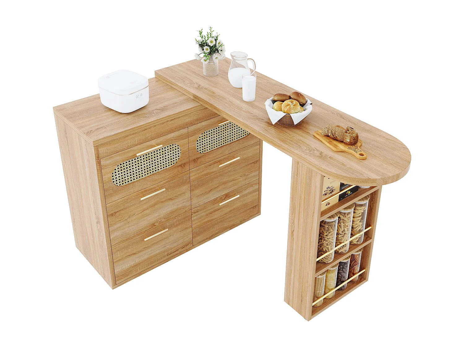 Ausziehbarer Bar-Schrank - drehbar - 128-203x39x90cm - mit 6 Schubladen - großer Stauraum und Metallgriffe - Natur