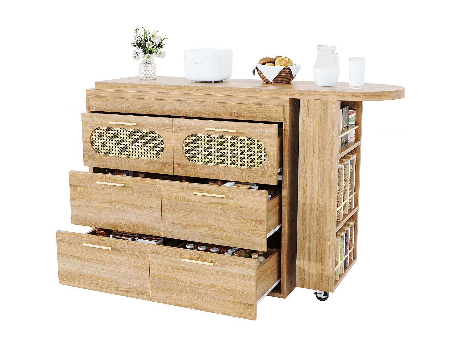 Ausziehbarer Bar-Schrank - drehbar - 128-203x39x90cm - mit 6 Schubladen - großer Stauraum und Metallgriffe - Natur