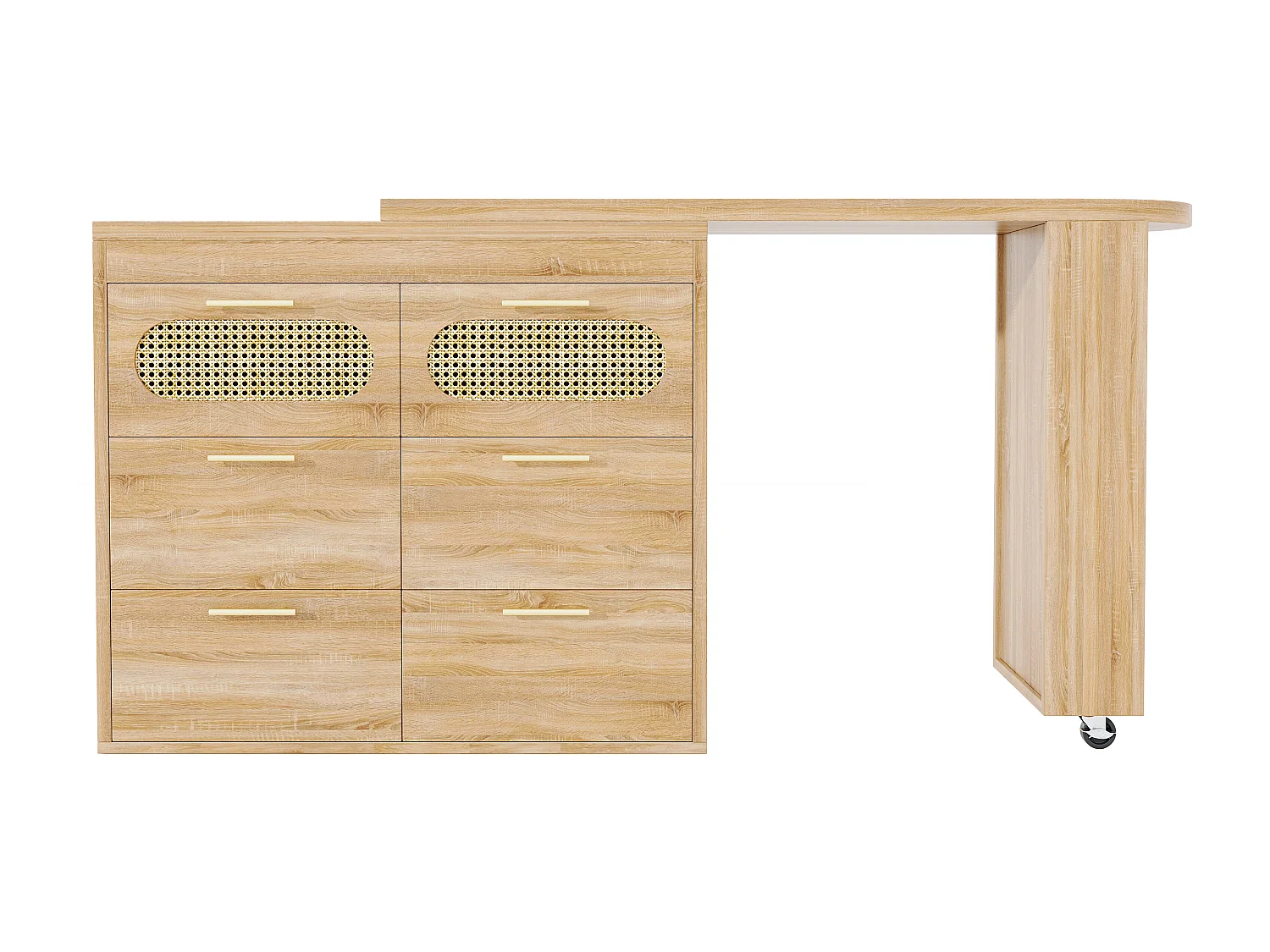 Ausziehbarer Bar-Schrank - drehbar - 128-203x39x90cm - mit 6 Schubladen - großer Stauraum und Metallgriffe - Natur