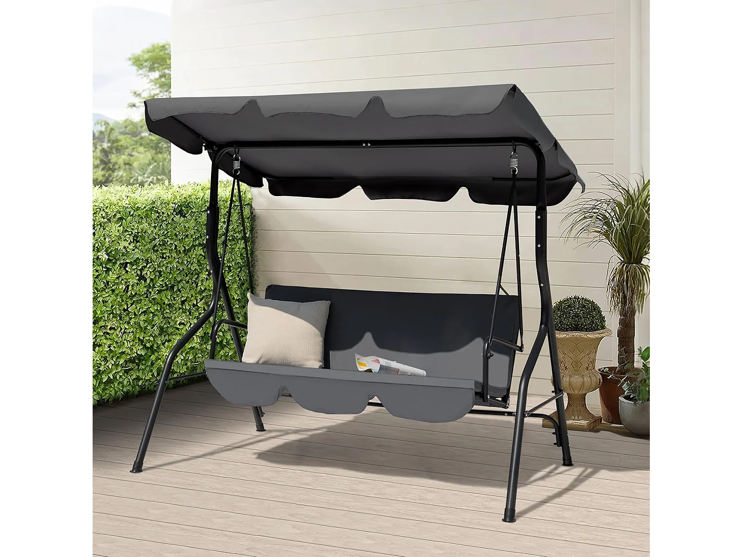 Balançoire de Terrasse, Auvent Réglable et Coussin Amovible, Gris Foncé