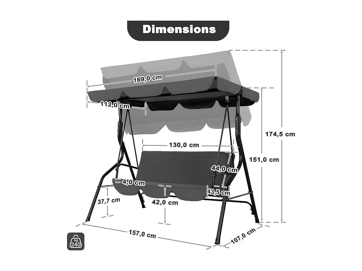 Balançoire de Terrasse, Auvent Réglable et Coussin Amovible, Gris Foncé