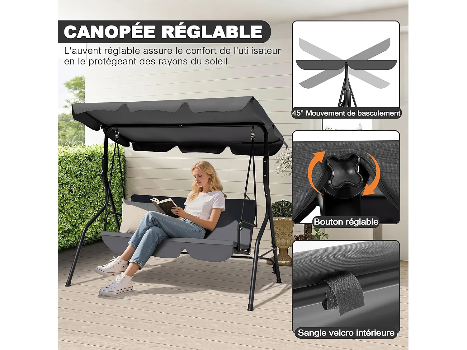 Balançoire de Terrasse, Auvent Réglable et Coussin Amovible, Gris Foncé