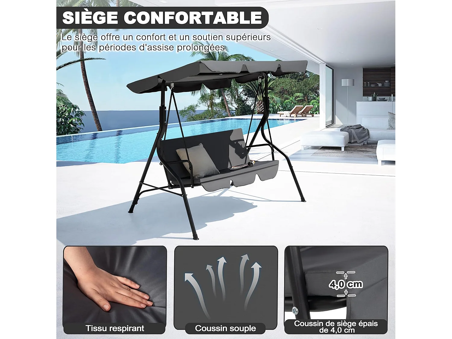 Balançoire de Terrasse, Auvent Réglable et Coussin Amovible, Gris Foncé