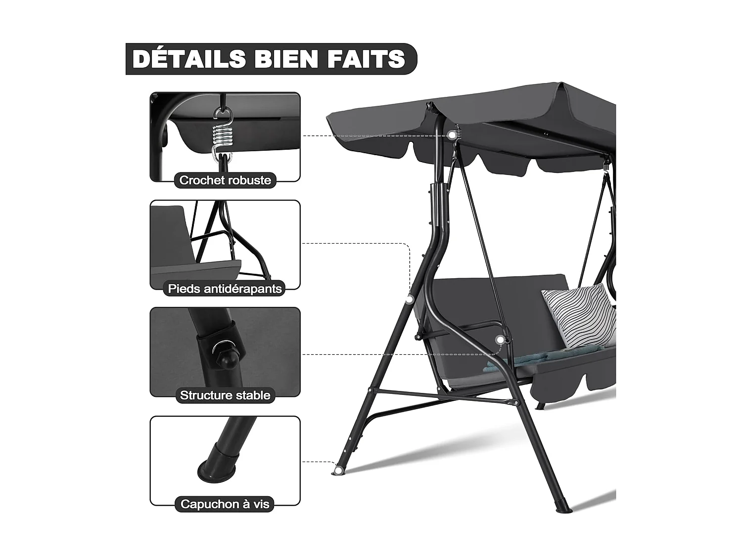 Balançoire de Terrasse, Auvent Réglable et Coussin Amovible, Gris Foncé
