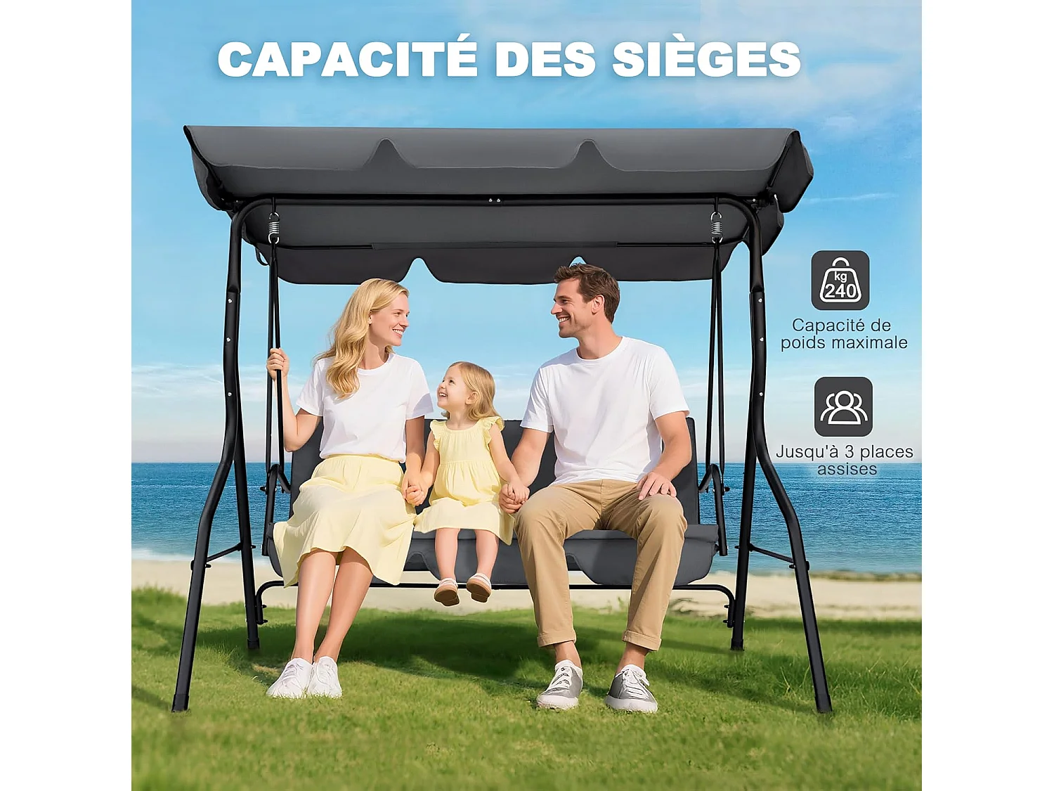 Balançoire de Terrasse, Auvent Réglable et Coussin Amovible, Gris Foncé