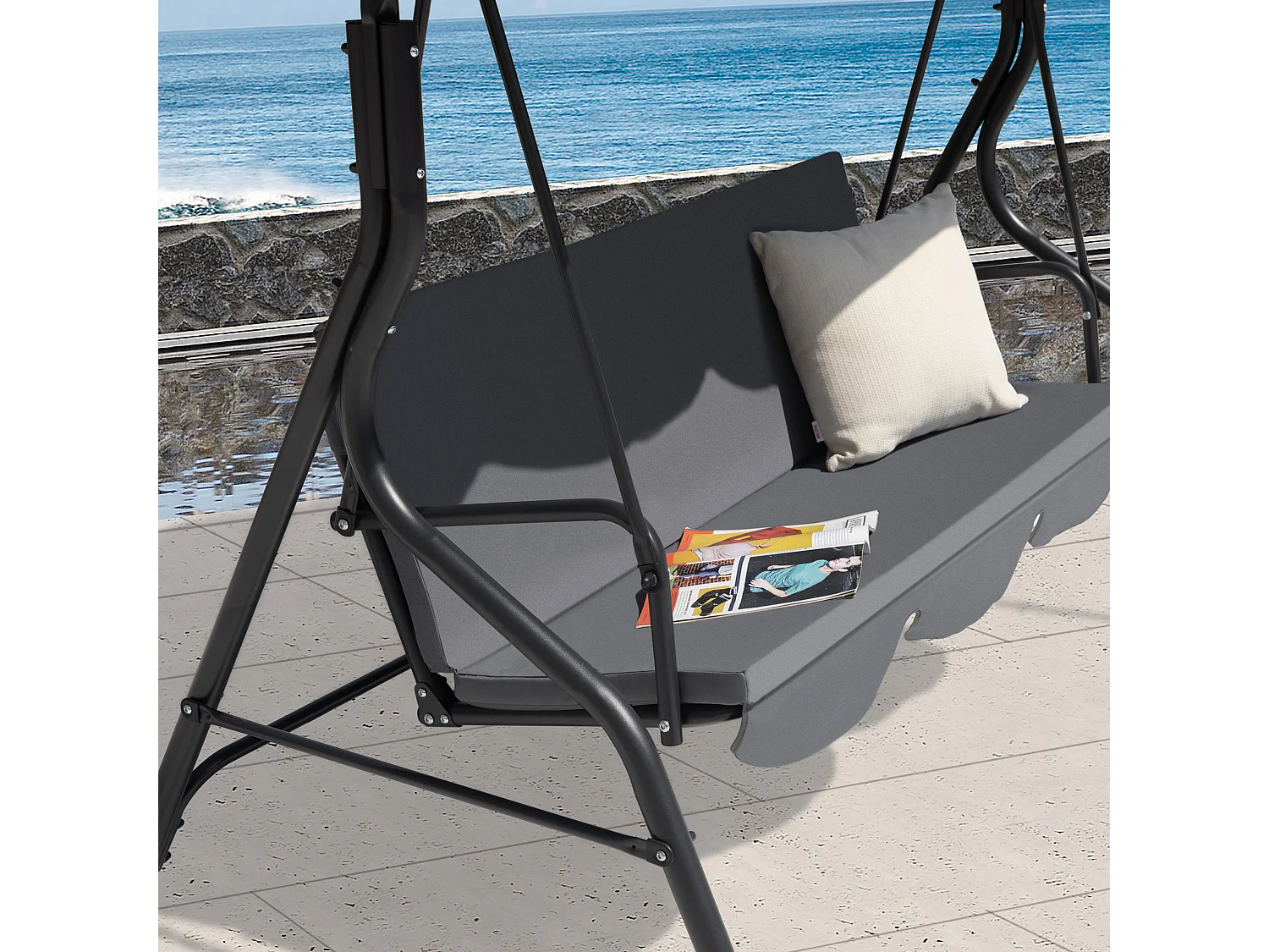 Balançoire de Terrasse, Auvent Réglable et Coussin Amovible, Gris Foncé