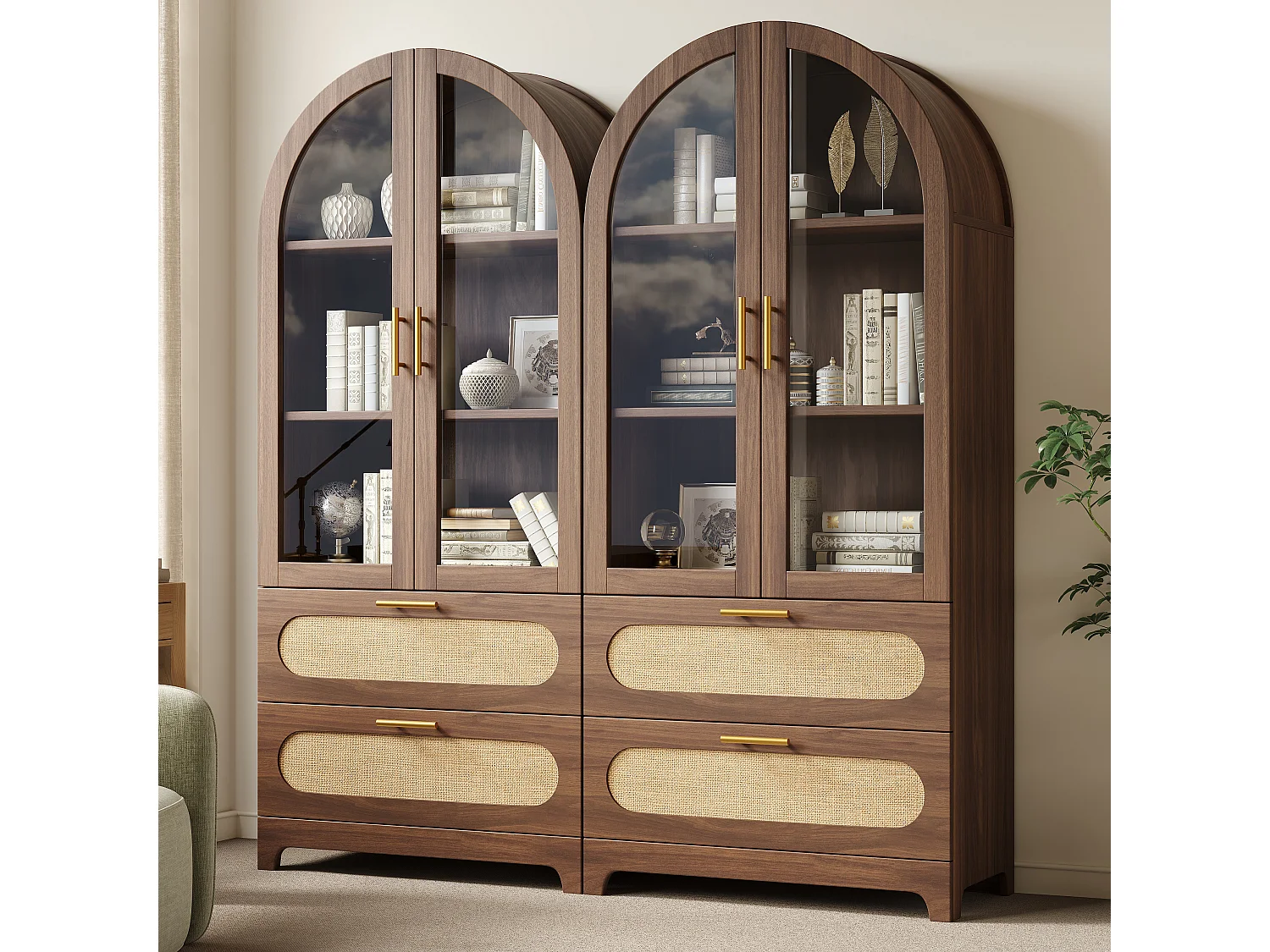 Set aus 2 Bücherregalen im Retro-Stil – 2 x 175 x 80 x 40 cm – mit 4 Schubladen, verstellbaren Einlegeböden und 4 Türen – MDF – braun