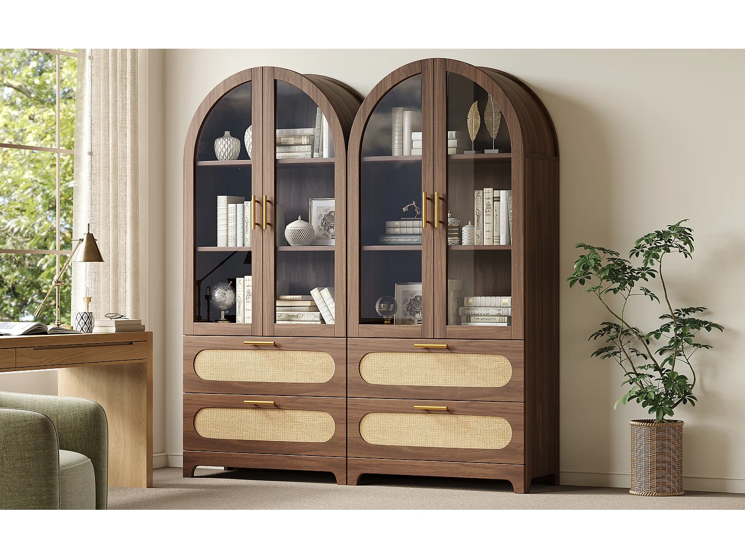 Set aus 2 Bücherregalen im Retro-Stil – 2 x 175 x 80 x 40 cm – mit 4 Schubladen, verstellbaren Einlegeböden und 4 Türen – MDF – braun
