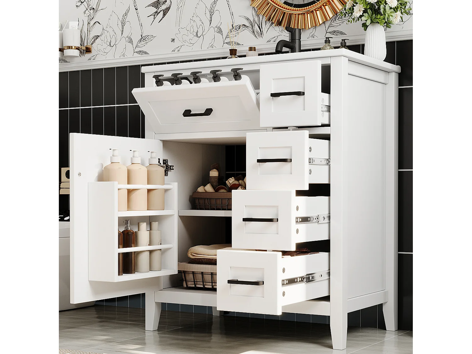 Meuble vasque de salle de bain autoportant - 76 x 46 x 90 cm - avec 4 tiroirs + portes + lavabo en céramique - MDF - blanc