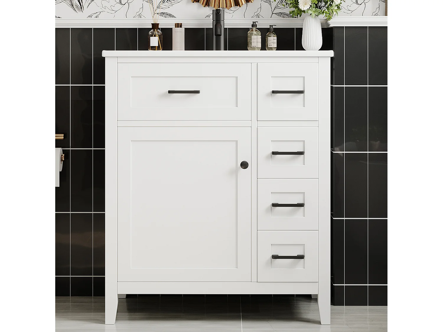 Meuble vasque de salle de bain autoportant - 76 x 46 x 90 cm - avec 4 tiroirs + portes + lavabo en céramique - MDF - blanc