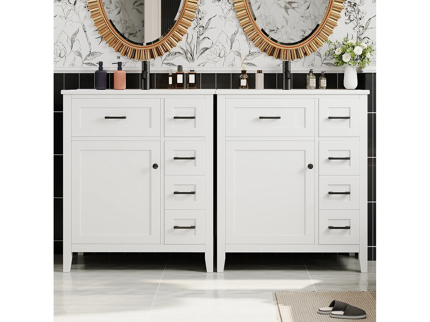 Meuble vasque de salle de bain autoportant - 76 x 46 x 90 cm - avec 4 tiroirs + portes + lavabo en céramique - MDF - blanc