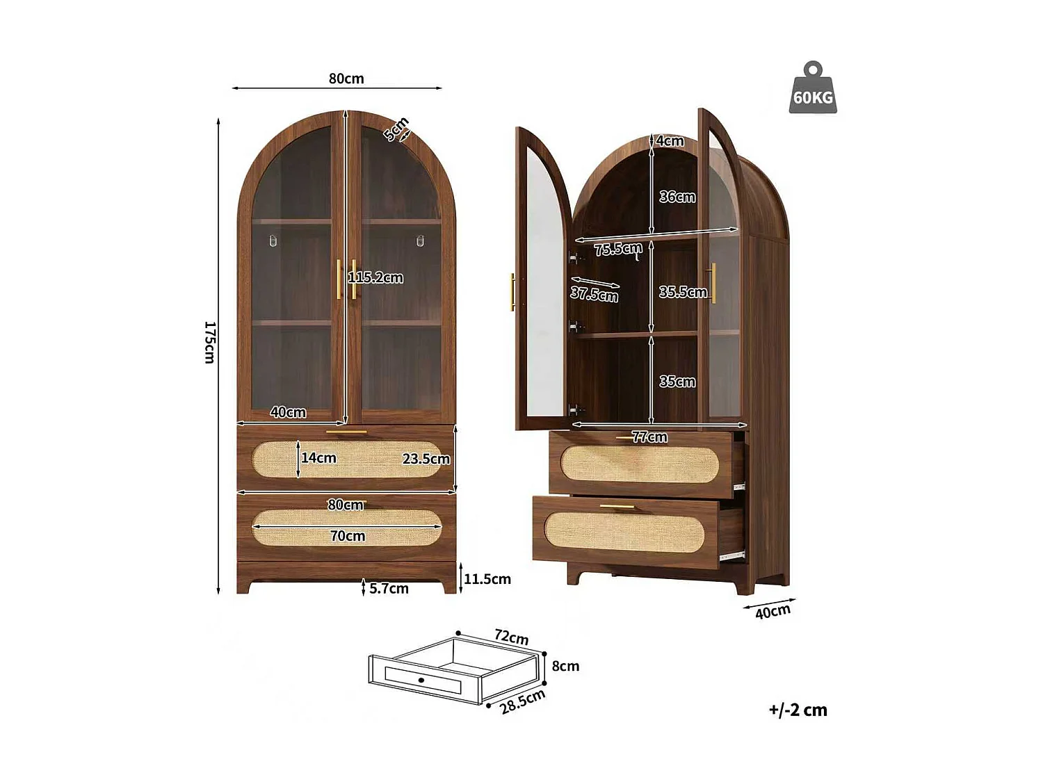 Bibliothèque style rétro - 175 x 80 x 40 cm - avec 2 tiroirs + étagères réglables + 2 portes - MDF - marron