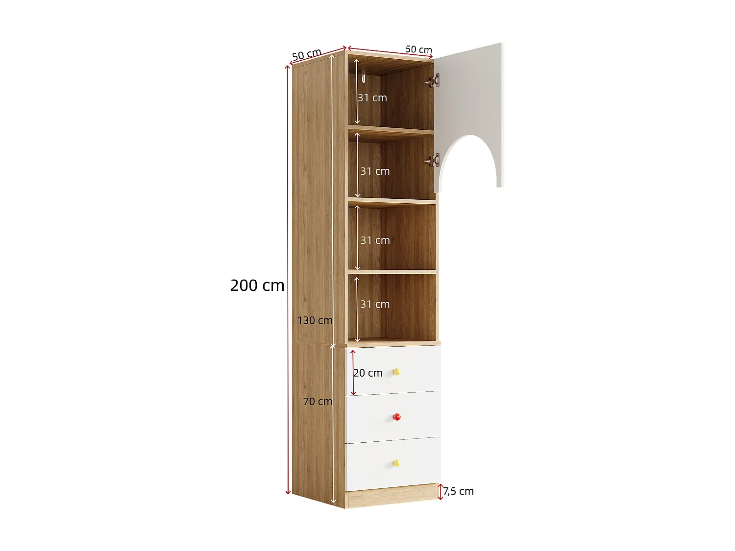 Mehrstufiges Bücherregal – 50 x 50 x 200 cm – mit 3 Schubladen, Regalböden und 1 Tür – Holzoptik – MDF – weiß