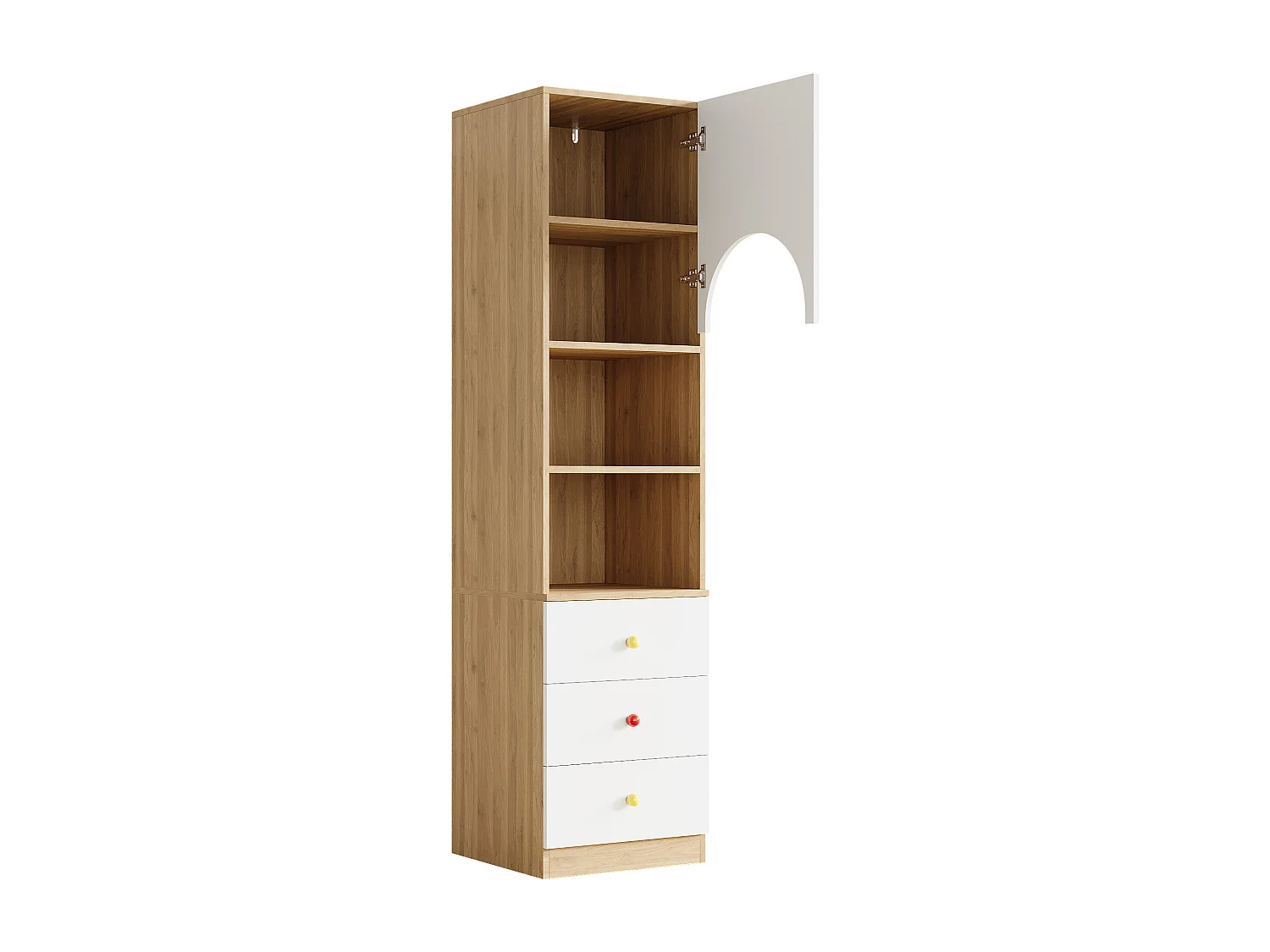 Mehrstufiges Bücherregal – 50 x 50 x 200 cm – mit 3 Schubladen, Regalböden und 1 Tür – Holzoptik – MDF – weiß