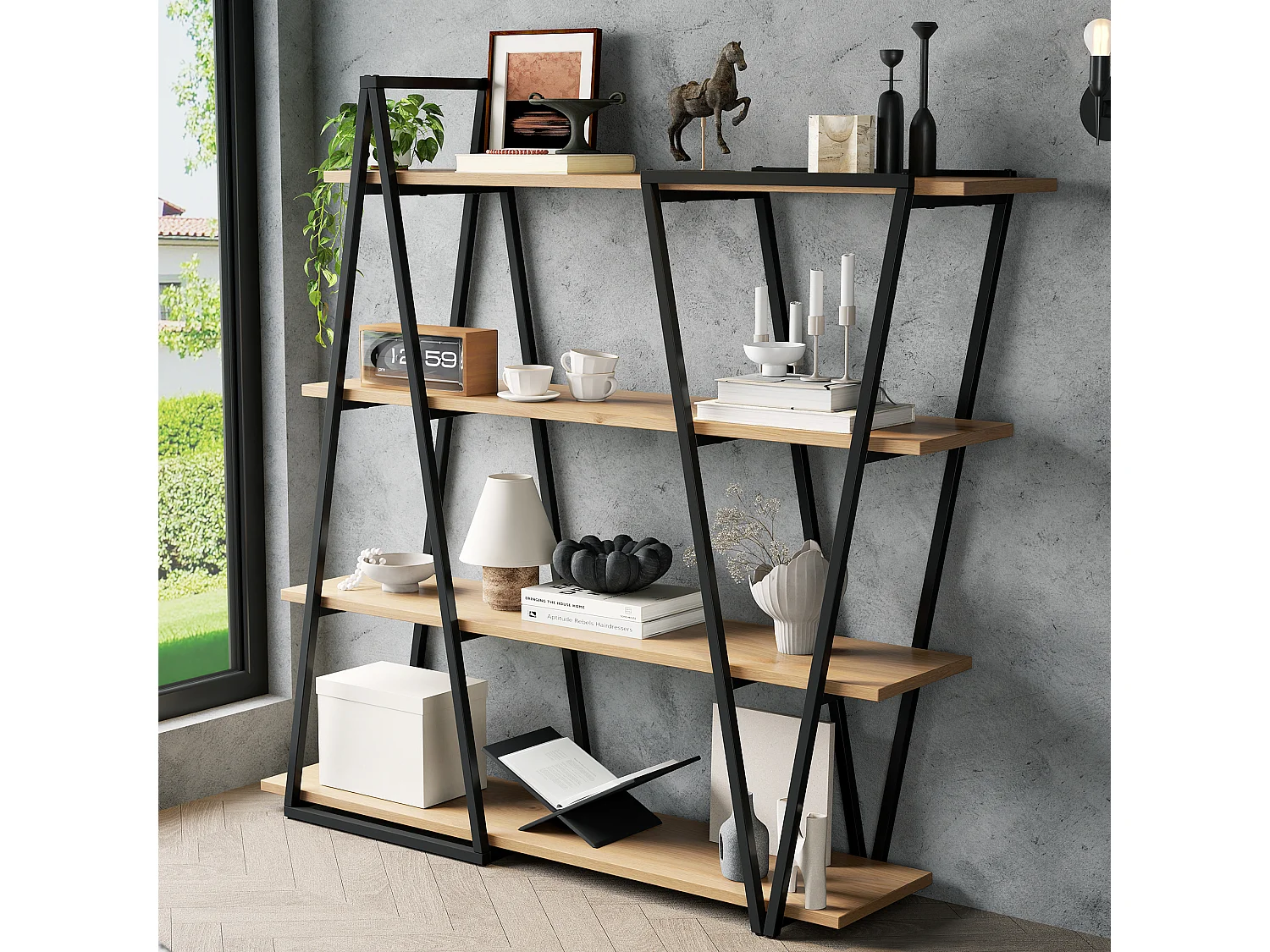 Geometrisches Stehregal 158x35x166 cm - Eisengestell - 25 mm MDF-Platte - Dreieckiges Design - Schwarz und Natur