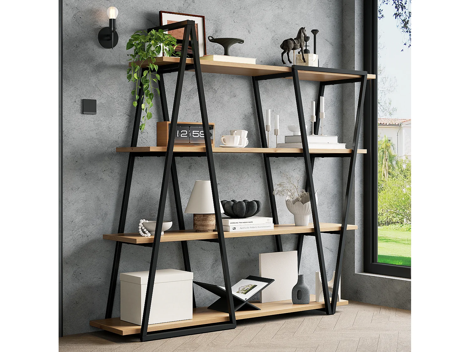 Geometrisches Stehregal 158x35x166 cm - Eisengestell - 25 mm MDF-Platte - Dreieckiges Design - Schwarz und Natur