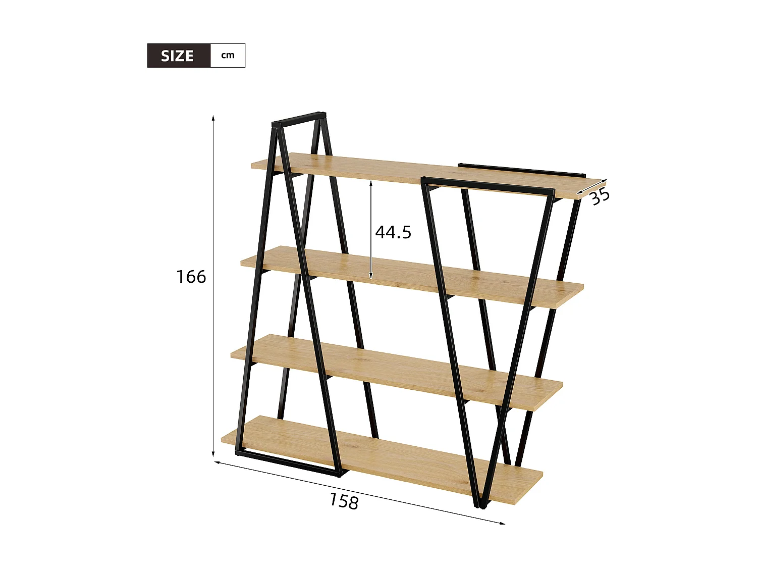 Geometrisches Stehregal 158x35x166 cm - Eisengestell - 25 mm MDF-Platte - Dreieckiges Design - Schwarz und Natur