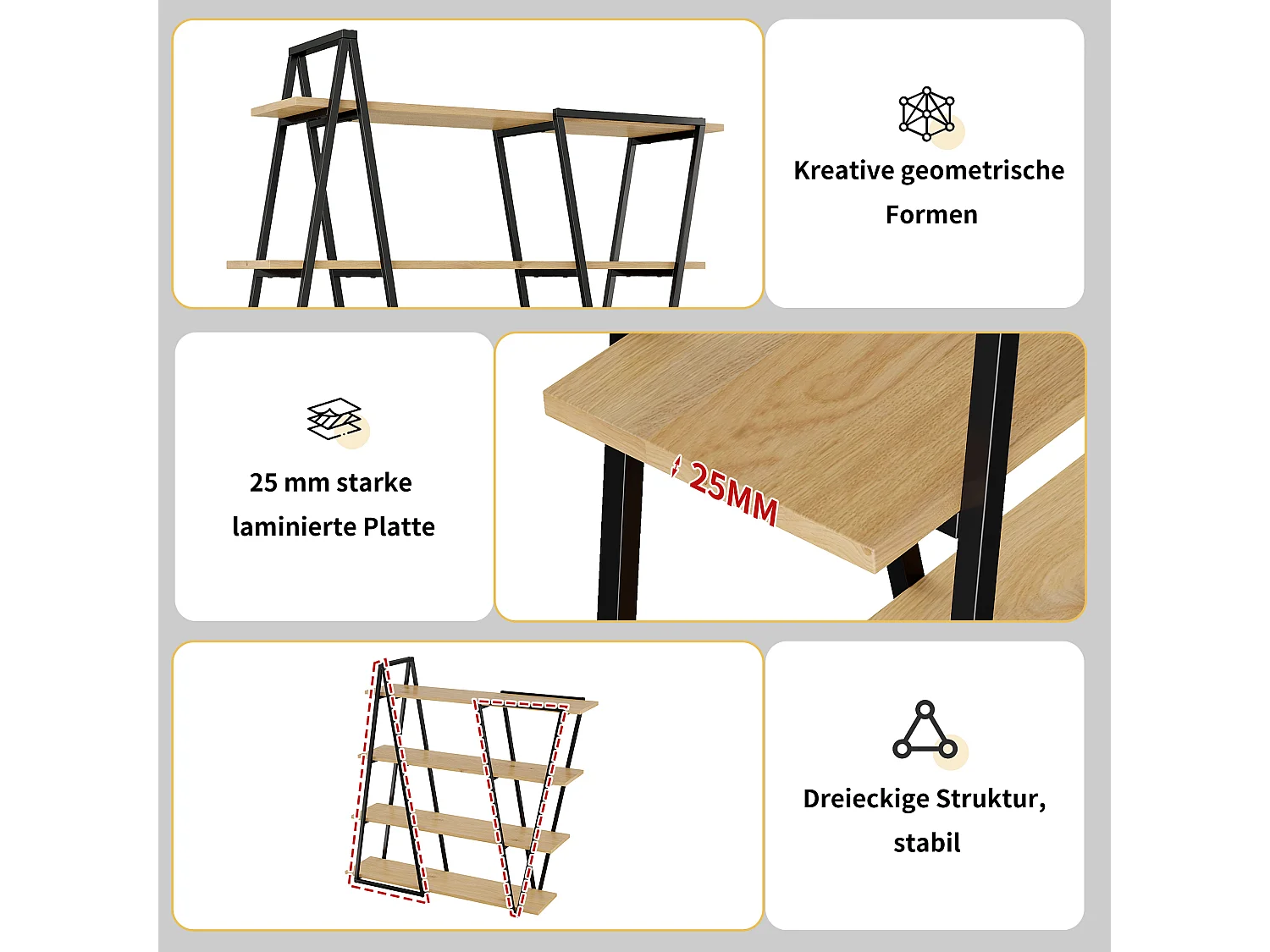 Geometrisches Stehregal 158x35x166 cm - Eisengestell - 25 mm MDF-Platte - Dreieckiges Design - Schwarz und Natur