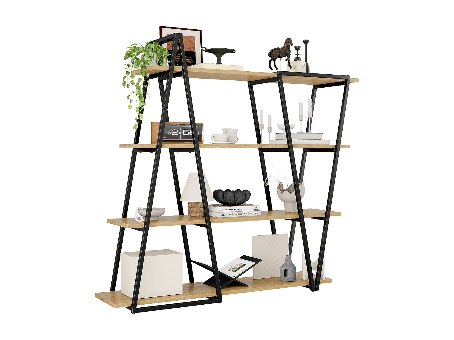 Geometrisches Stehregal 158x35x166 cm - Eisengestell - 25 mm MDF-Platte - Dreieckiges Design - Schwarz und Natur