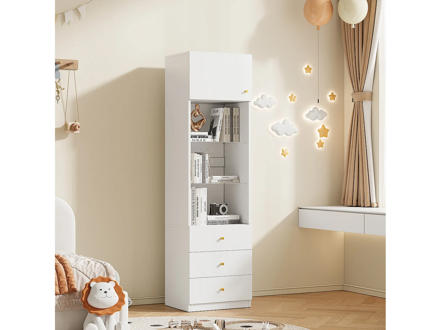 Vitrine/bibliothèque - 50 x 40 x 180 cm - avec rangement ouvert + tiroirs + étagères en verre - MDF + verre - blanc