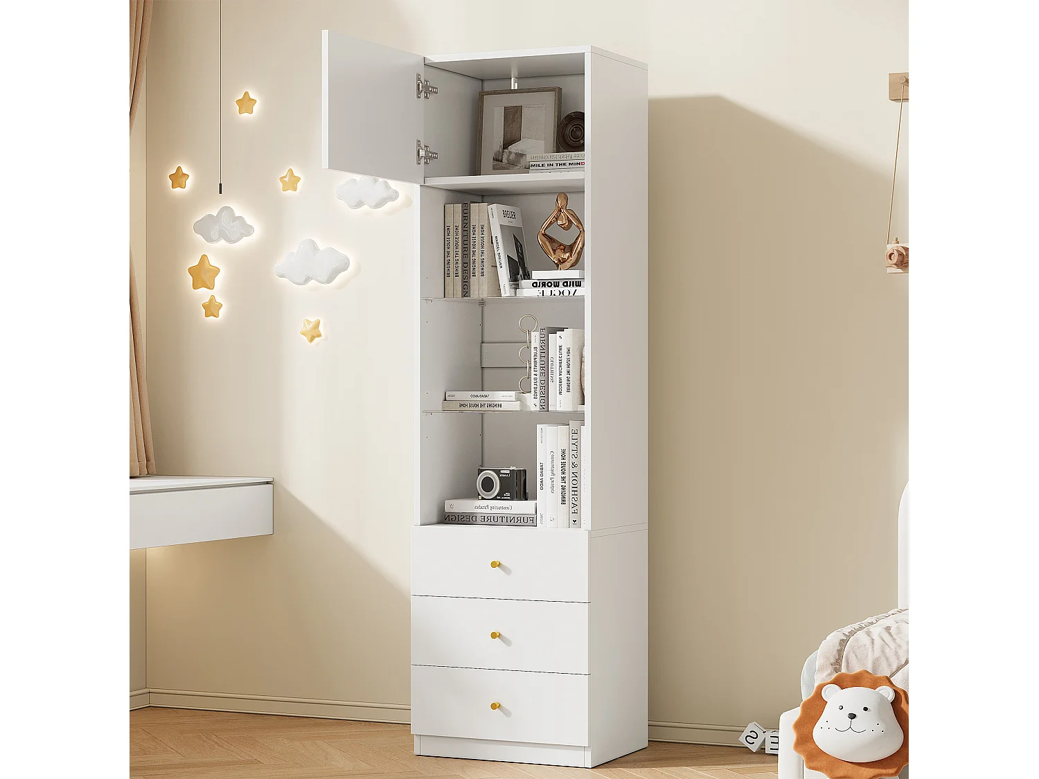 Vitrine/bibliothèque - 50 x 40 x 180 cm - avec rangement ouvert + tiroirs + étagères en verre - MDF + verre - blanc